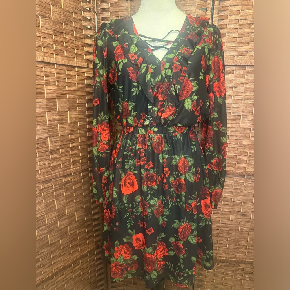 Luna Dress Black Red Floral Roses Medium Polyester Ruffle Neckline Knee Length